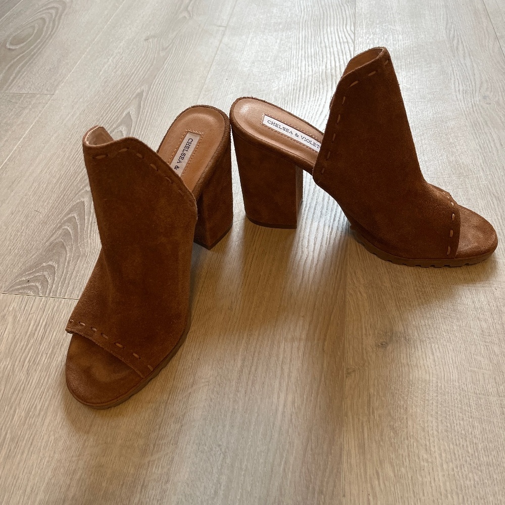 Chelsa and Violet cognac suede mules